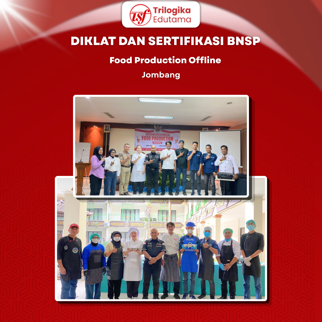 Program “Diklat dan Sertifikasi BNSP Food Production” oleh Trilogika Edutama telah berhasil diselenggarakan secara offline di Jombang pada tanggal 9 September 2026 dengan berkolaborasi bersama Satuan Pelayanan Program Gizi.