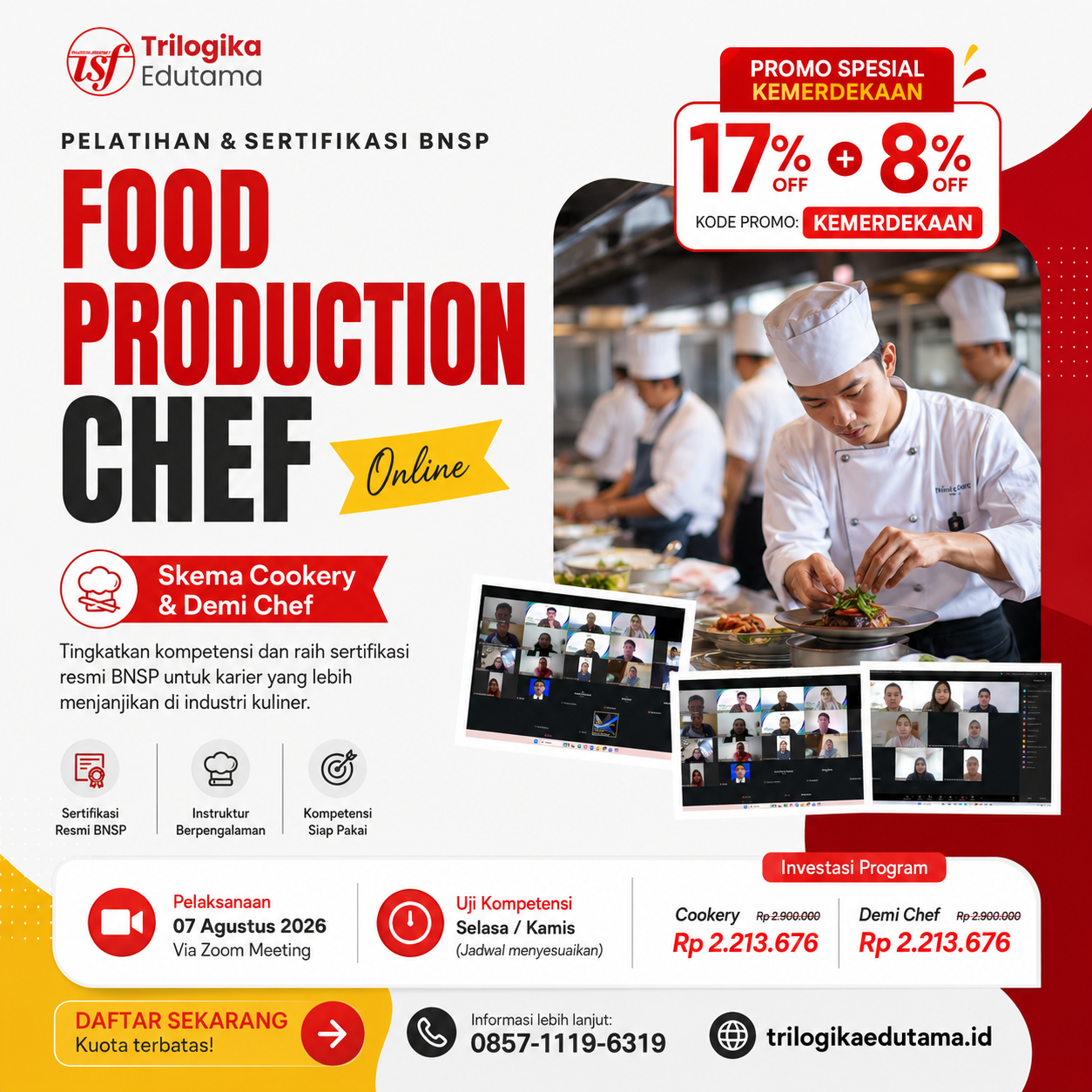 PROMO KEMERDEKAAN!!! DIKLAT & SERTIFIKASI BNSP - FOOD PRODUCTION (SKEMA DEMI CHEF) FULL ONLINE AGUSTUS 2026